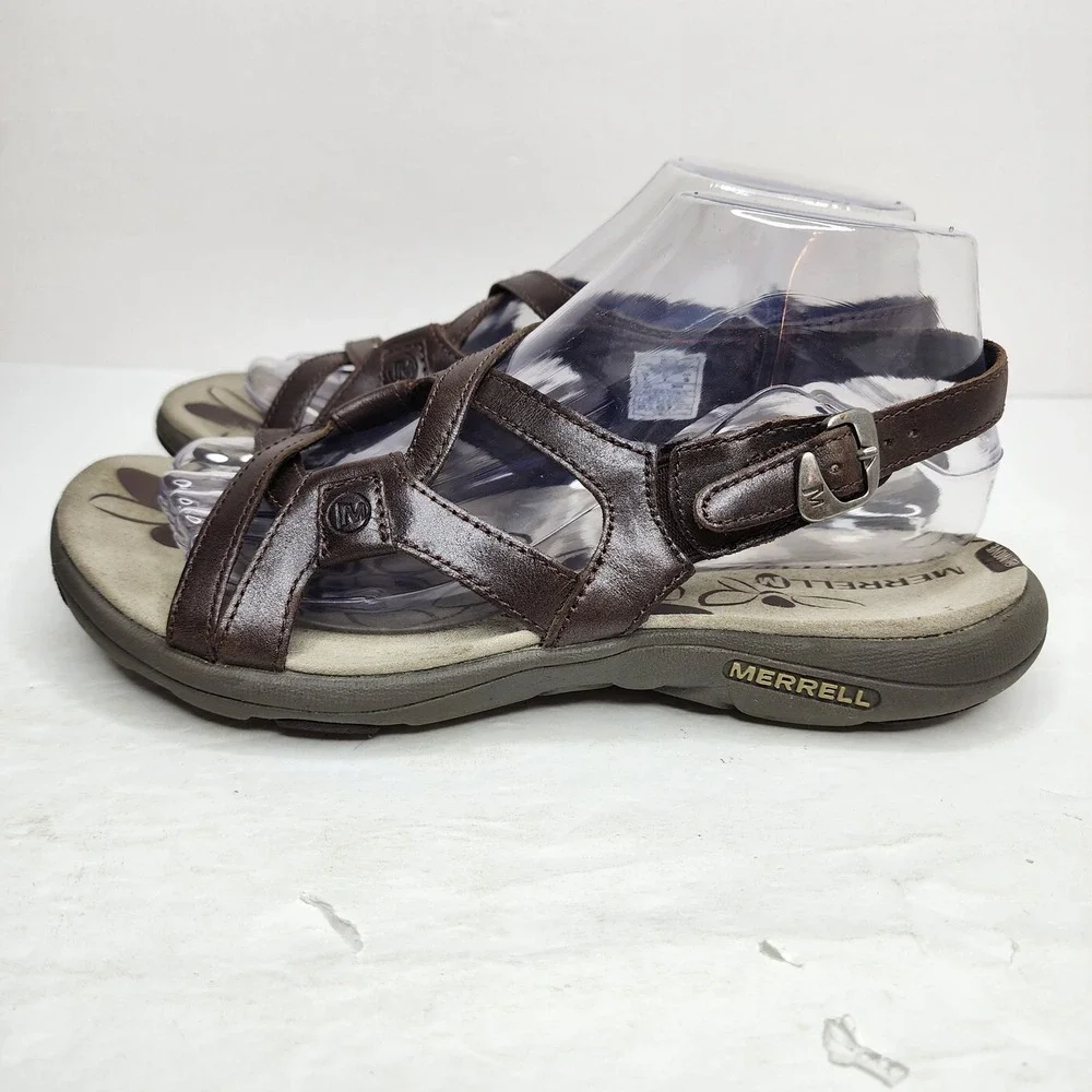 Merrell Bracken Sandals Women 8 Brown Leather Strappy Buckle Comfort J62310